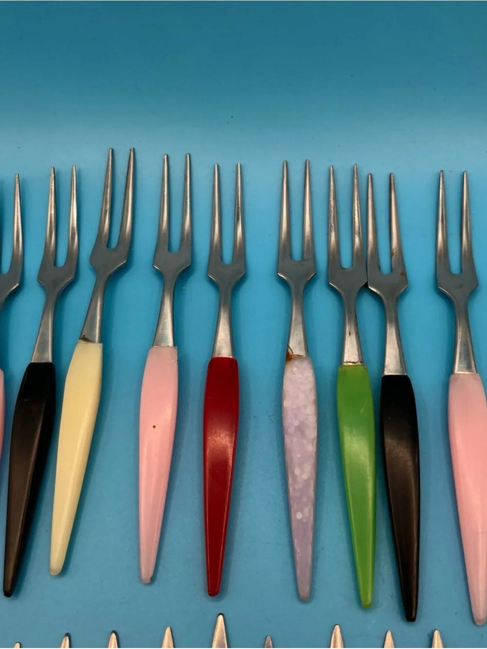 Vintage Japan Little Forks Set 50 Cocktail Appetizer Colorful Handles Stainless